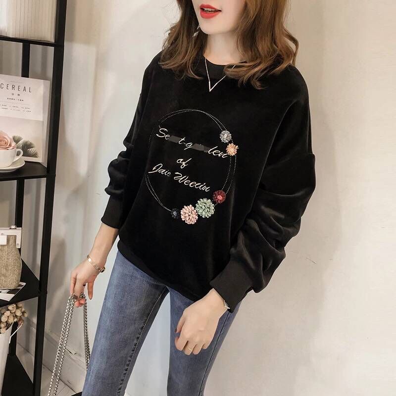 Fall / winter 2020 Plush & amp; thickened double faced velvet sweater women's 3D embroidery large women's clothes loose and lazy with Hong Kong Style