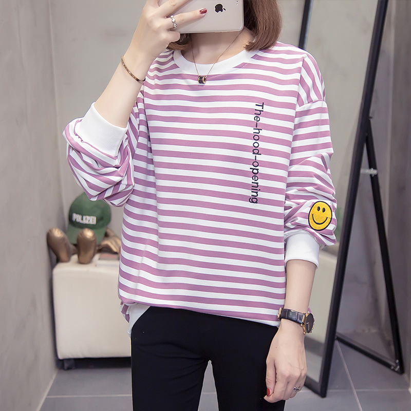 Real shot autumn 2020 new 200 kg fat mm large women's bottoming shirt loose thin striped sweater