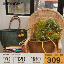 JNBYHOME Jiangnan cloth autumn picnic basket weaving travel storage commuter large capacity extended sheepskin handle