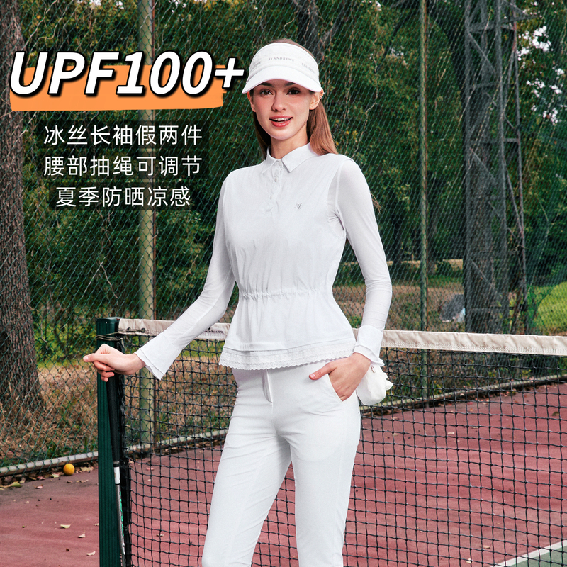 Mg Golf Sun Protection Shirt for Women, Two-In-One Ice Silk Long Sleeve with Adjustable Waist Strap, Summer Thin Cool Feel Turn-Down Collar T-Shirt