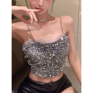 Hot Girl Sweet Cool Style Chain Shoulder Strap Bling Sequin Camisole Women's Summer Vibe Ruched Short Tank Top