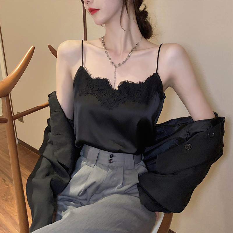 Spicy Style Camisole for Women with Lace Back, Summer Outerwear, Versatile Satin V-Neck Base Top