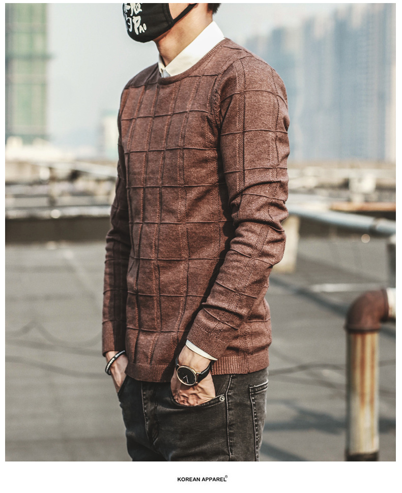 Mùa thu và mùa đông nam cổ tròn jacquard là áo len mỏng áo thun Hàn Quốc Slim fit thanh niên cơ sở áo len hoang dã thủy triều - Hàng dệt kim
