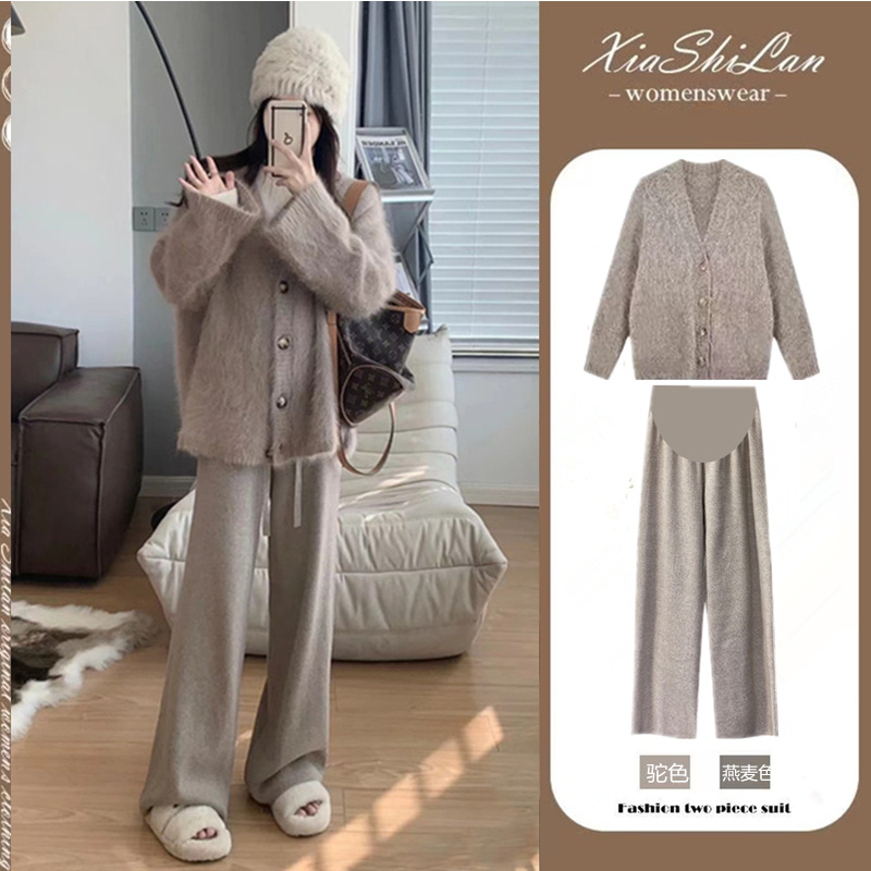 Temperament Pregnant Woman Ferret Sweater Sweater Sweater Suit Autumn Clothing style Lazy Knit Blouse slim winter Two sets-Taobao