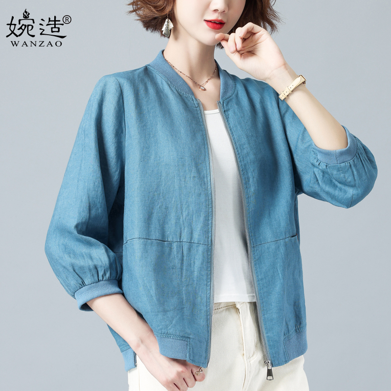 Cotton and Linen Jacket for Women, High-End Linen Short Style, New Spring and Autumn Casual Loose Fashion Thin Top for Moms, Baseball Jacket Cotton and Linen Jacket for Women, High-End Linen Short Style, New Spring and Autumn Casual Loose Fashion Thin Top for Moms, Baseball Jacket