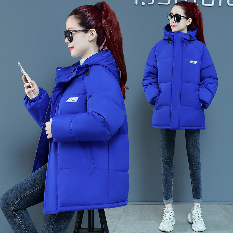 Klein Blue down Cotton Jacket for Women, Short Hooded Puffer Jacket, Korean Style, Loose Fit, Petite Size, Autumn and Winter Fashion Cotton Coat, Trendy