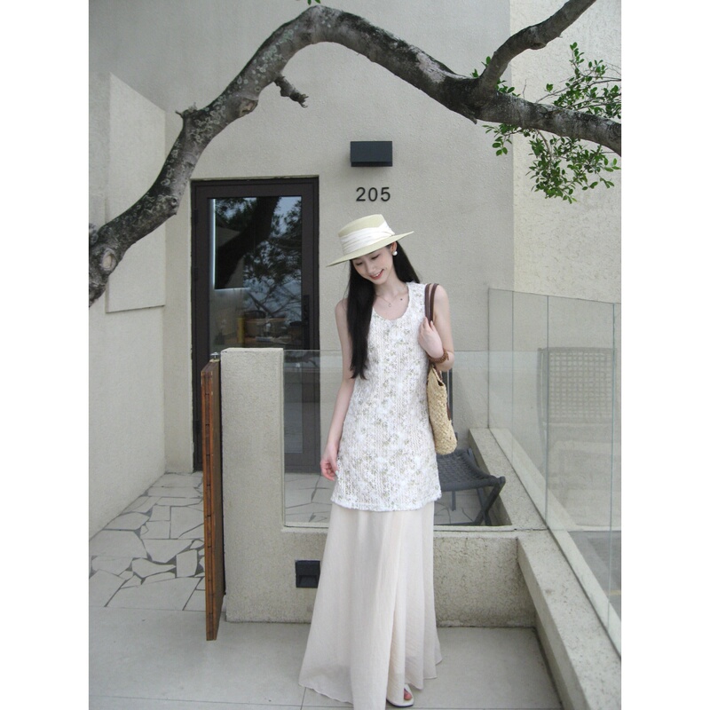 In Stock W51【Mist Powder Poetry】Heavy Jacquard Embroidery Sleeveless Dress Women's Summer Design Long Dress