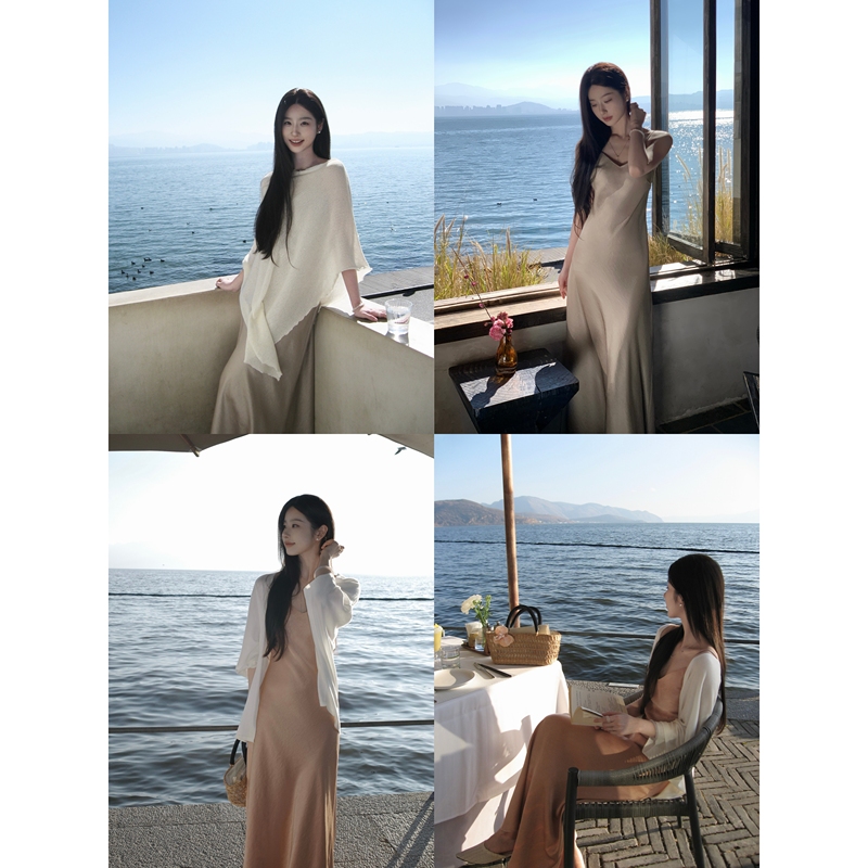 W51【Champs Elysees Light】Spring and Summer Satin Suspender Dress for Women, Waist-Cinching and Slimming Vacation Dress, Elegant Long Dress