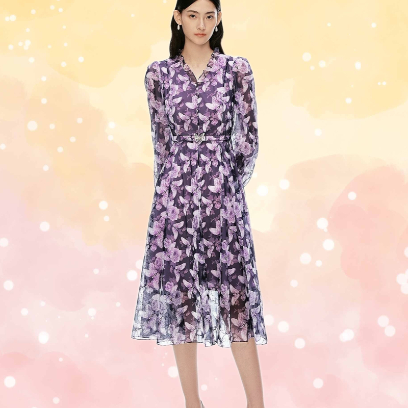 Kejia Mall Same Style 2026 Spring New Elegant Butterfly Rose Embroidery Print Dress Kf12959S4