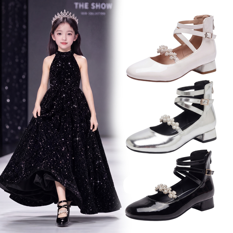 Girls' High-Heeled Shoes, Princess Crystal Shoes, White Piano Black Leather Shoes, Kidsren's Catwalk Performance Shoes with Dress Shoes