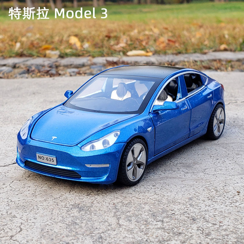 1:32 Tesla Model3 Alloy Car Model Simulation Metal Car Mold Ornament Acousto-Light Pullback Toy Car Model