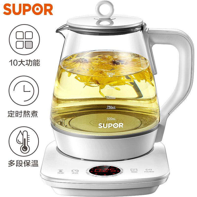 SUPOR supoir SW-15YJ28 health preserving pot boiling teapot glass boiling tea ware quick cooking pot Flower teapot 1 5L