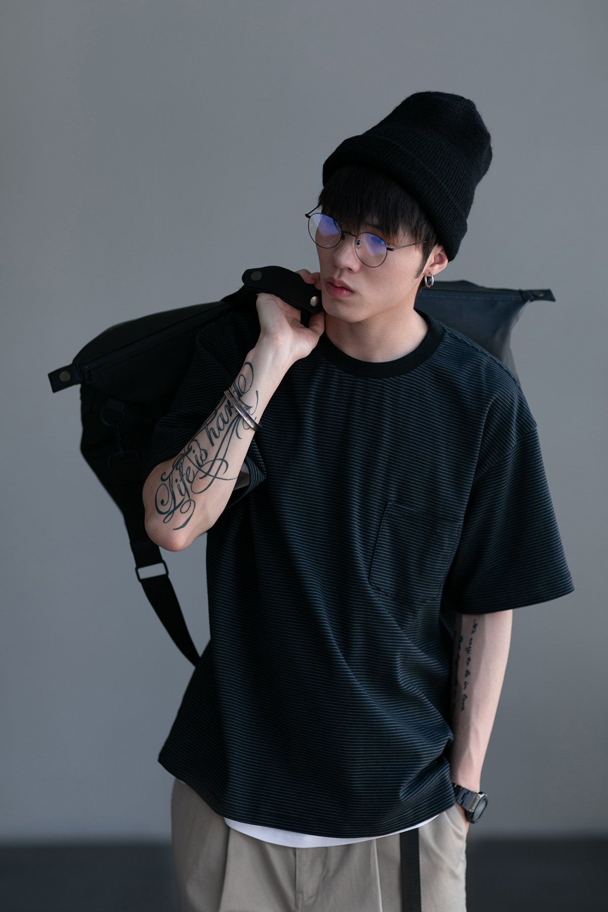 Small stripes HUMANIMAL 20S ] Japan imports GIZA Egyptian cotton long-duvet cotton pocket base short sleeve T-shirts