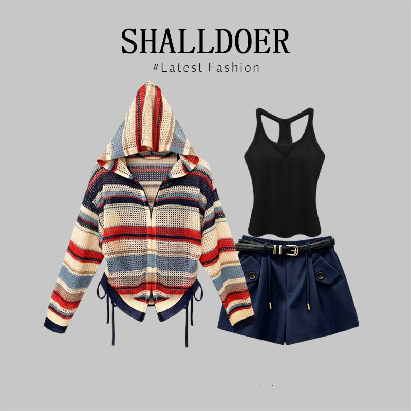 American Retro Striped Three-Piece Set with Hollow-Out Hooded Knit Top, Tank Top, and High-Waisted Shorts 2026 Summer Outfit