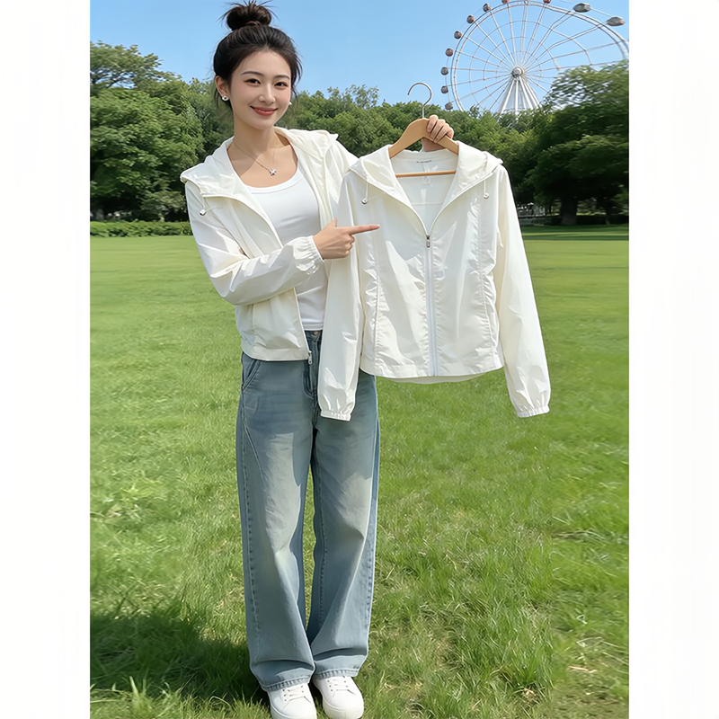 White Hooded Zip-Up Simple Loose Long-Sleeve Sun Protection Jacket for Women, Summer 2026, Stylish and Versatile, Very Attractive Top