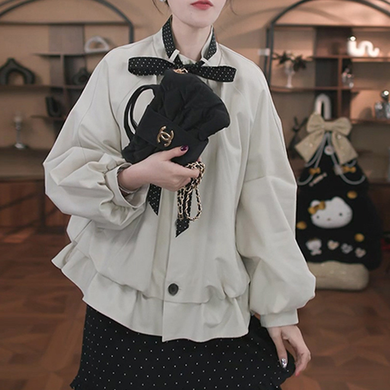 Women's Jacket with Ruffled Hem and Bow, 2026 Spring/Summer, Lantern Sleeve Design, Casual Sweet Style