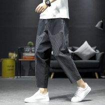 Casual pants mens stitching striped linen straight loose wide leg pants Japanese ancient feeling Korean trend big size Harun