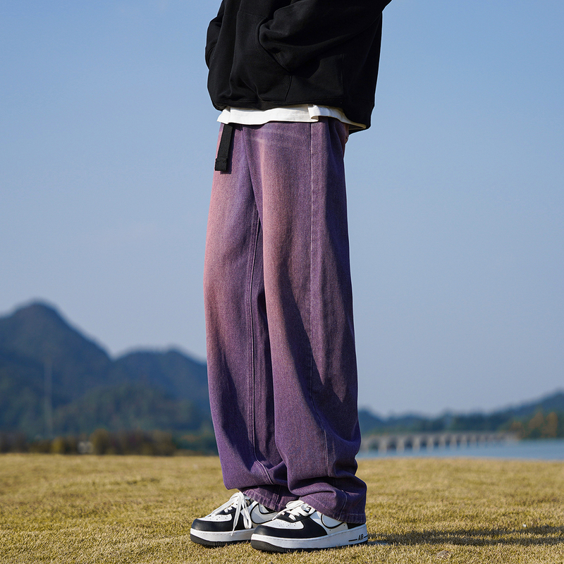 Purple Jeans for Men, Autumn and Winter Trendy Brand American Retro Washed Wide-Leg Pants, High Street Vibe Straight-Leg Long Pants