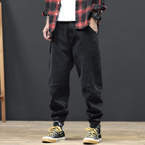 Japanese jeans mens stitching Harlan thick leg pants autumn fat loose plus size fat guy bunches trousers