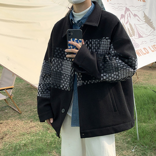 Trendy Men's Jacket with a High-End Feel, Color-Blocked Patchwork, Spring Korean Style, Fashionable Design, Woolen Coat