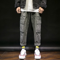 ins work fit pants male summer slim fit straight cylinder loose trend army green wide leg big code casual 90% pants