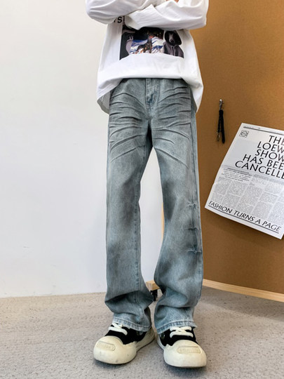 水洗脏脏风牛仔裤男秋季解构立体渐变高级感长裤宽松阔腿休闲裤子