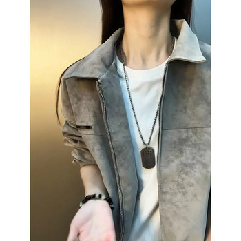 Gray Tie-Dye Leather Jacket for Men, Spring American Retro Flight Workwear Coat, High-End Stylish Biker Jacket