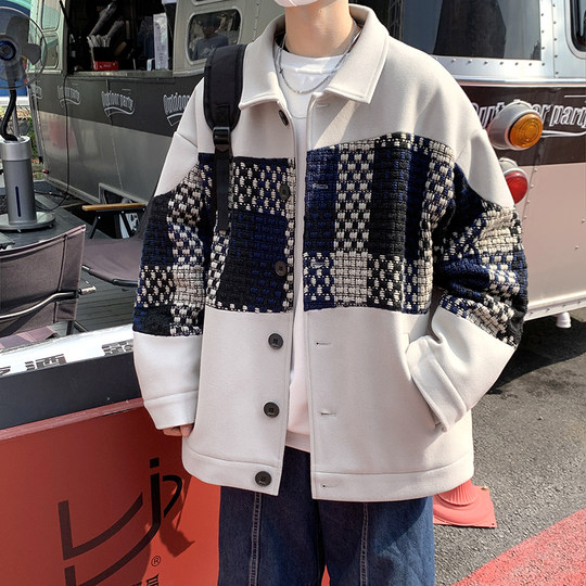 Trendy Men's Jacket with a High-End Feel, Color-Blocked Patchwork, Spring Korean Style, Fashionable Design, Woolen Coat