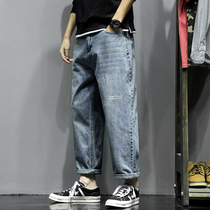 Tide Card Jeans Mens Summer Slim Straight Barrel Loose 90% Pants Day Ensemble Retro Fatter Trendy Turnip Pants