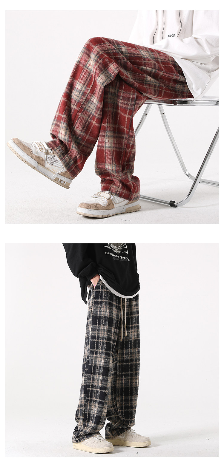 Jeans da uomo a quadri in lana oversized gamba larga casual_voghion.com