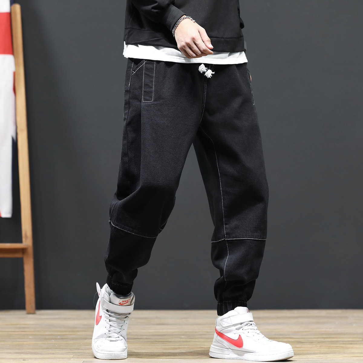 Overalls Men's Summer Loose Harlan Loose Fat Fat Guy Tide Brand Black Guangzhou Xintang Town Jeans Men