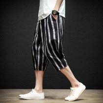 Summer Linen Stripe 7 Pants Male Loose big code Tide Cards Over Knee Shorts Mens Pants Juppies FASHION PANTS