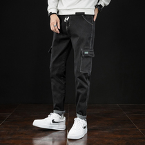 Jeans mens multi-pocket overalls pants loose fat Tide brand straight tube loose autumn 2021 Korean mens pants