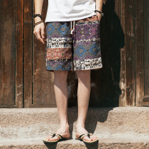 Summer linen shorts Mens boomers Cotton Hemp Loose big code Fat 5 50% Folk Wind Flowers Beach Pants Man