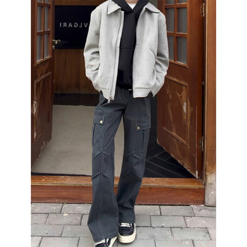 American Retro Workwear Jeans for Men, Autumn and Winter Heavy-Duty Deconstructed Washed Straight-Leg Pants with Multiple Pockets and Pleated Wide-Leg Design