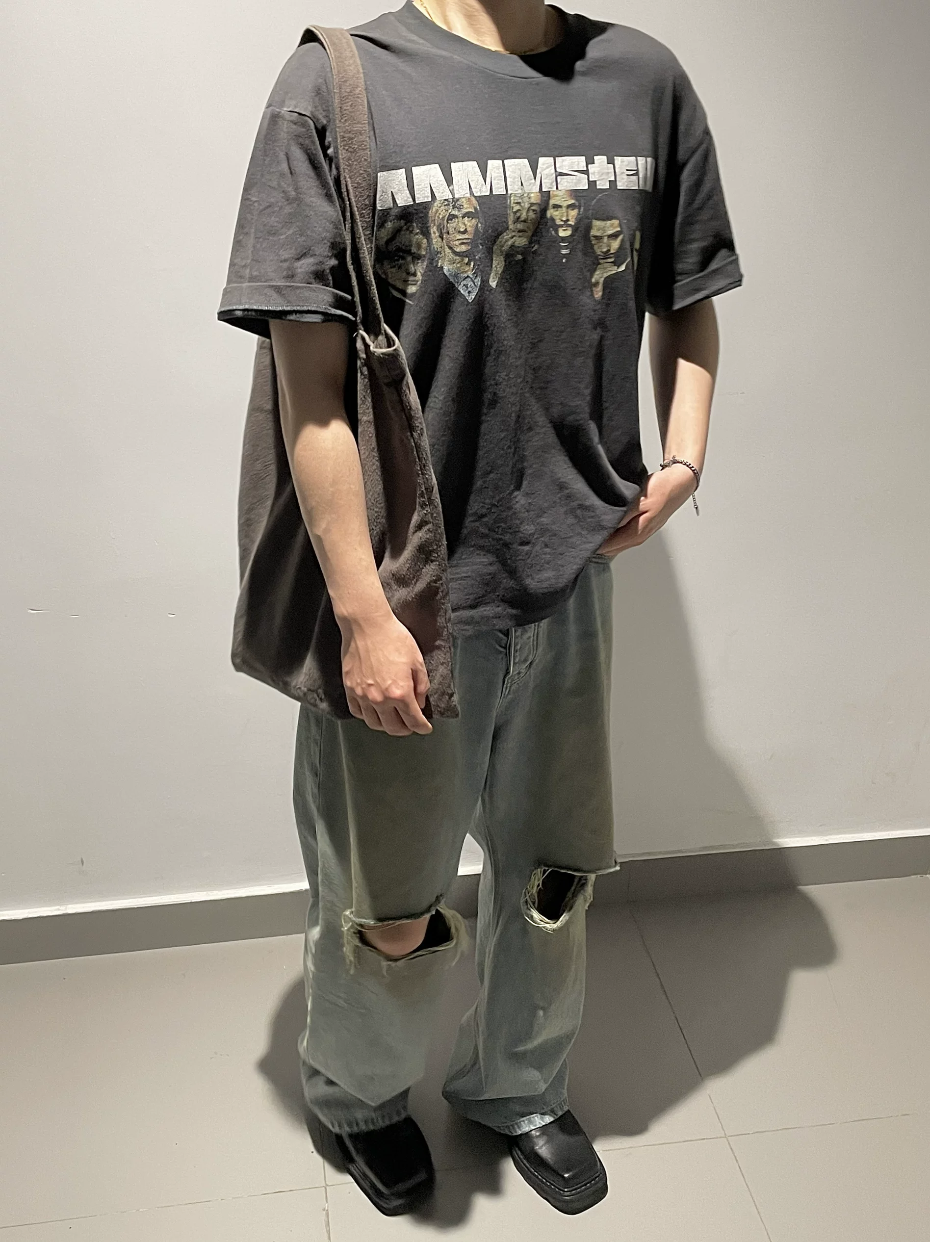 MG Rammstein German Chariot Portrait Rock Retro Washed Grey Cylinder Cloth Small Neck Short Sleeve