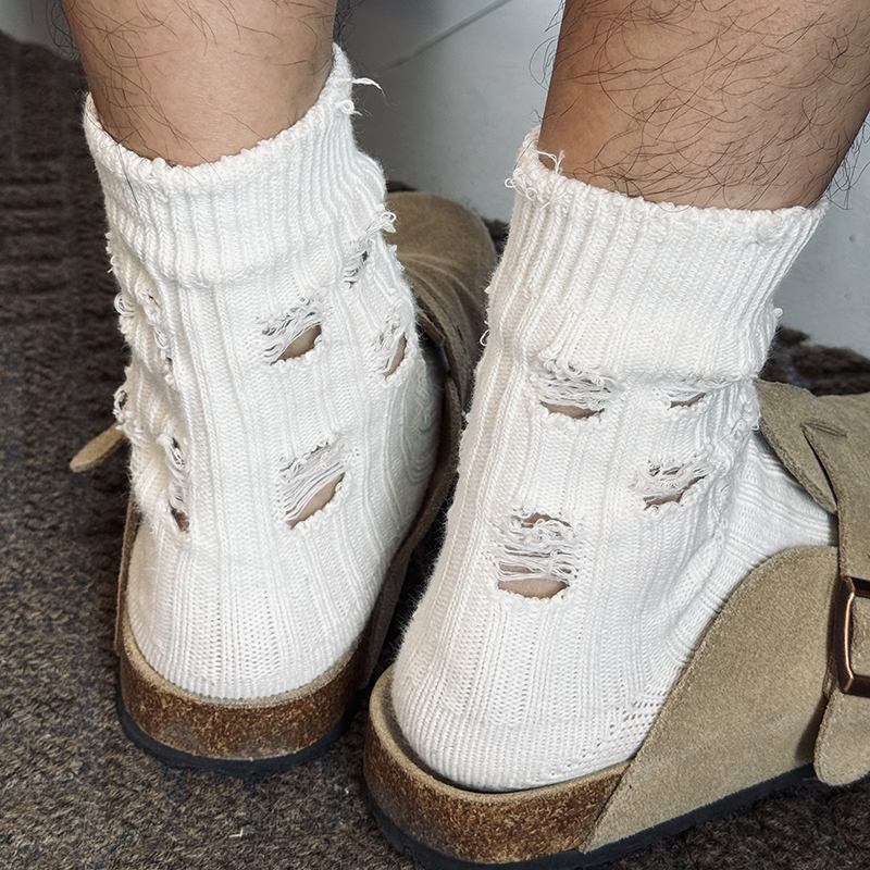 New Style Dirty Ripped Socks for Men and Women, Retro Japanese Style, Trendy Solid Color, Paired with Birkenstock Shoes, Thick Knit Long Socks