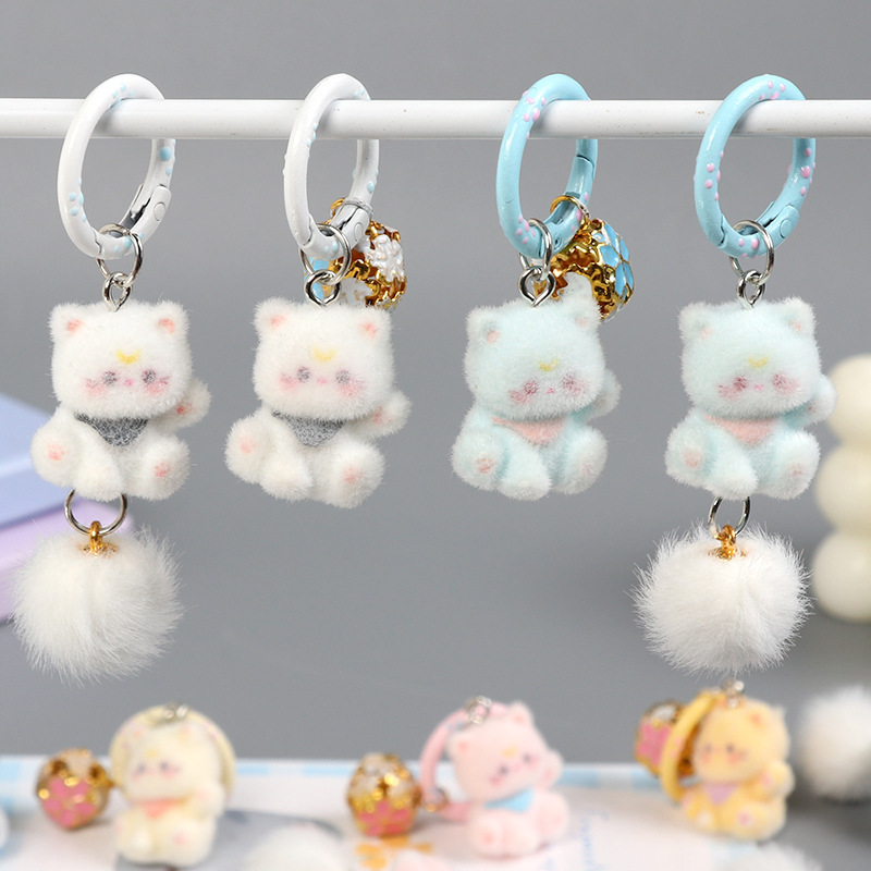 Flocked Cat Bell Keychain Student Backpack Pendant Girl's Bag Accessory Kitten Pendant Keychain