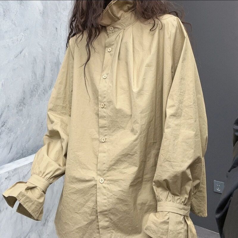 European Style Ruffled Stand-Up Collar Shirt for Women, Long-Sleeved, New Autumn Vintage Chic Bell-Sleeve Slimming Top Trendy