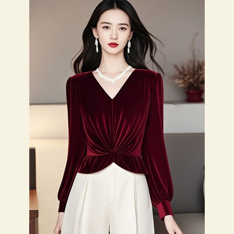 Western-Style High-End Gold Velvet Shirt for Women, Long-Sleeved, New Autumn and Winter Style, Light Luxury, Beautiful Top, Stylish, Age-Reducing, Pleated Shirt