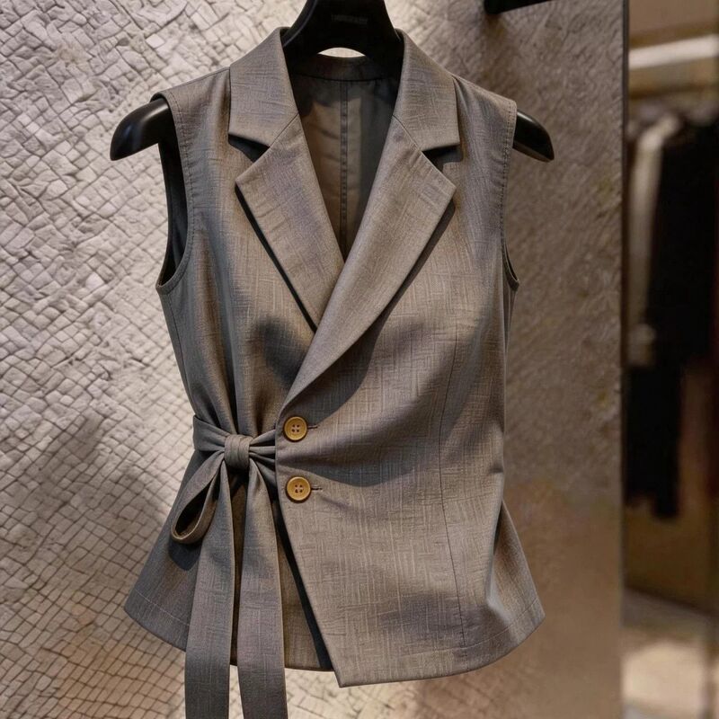 Gray Sleeveless Suit Vest for Women with Waist-Cinching Straps and Double-Breasted Buttons, Stylish and High-End Workplace Shirt for Summer Gray Sleeveless Suit Vest for Women with Waist-Cinching Straps and Double-Breasted Buttons, Stylish and High-End Workplace Shirt for Summer