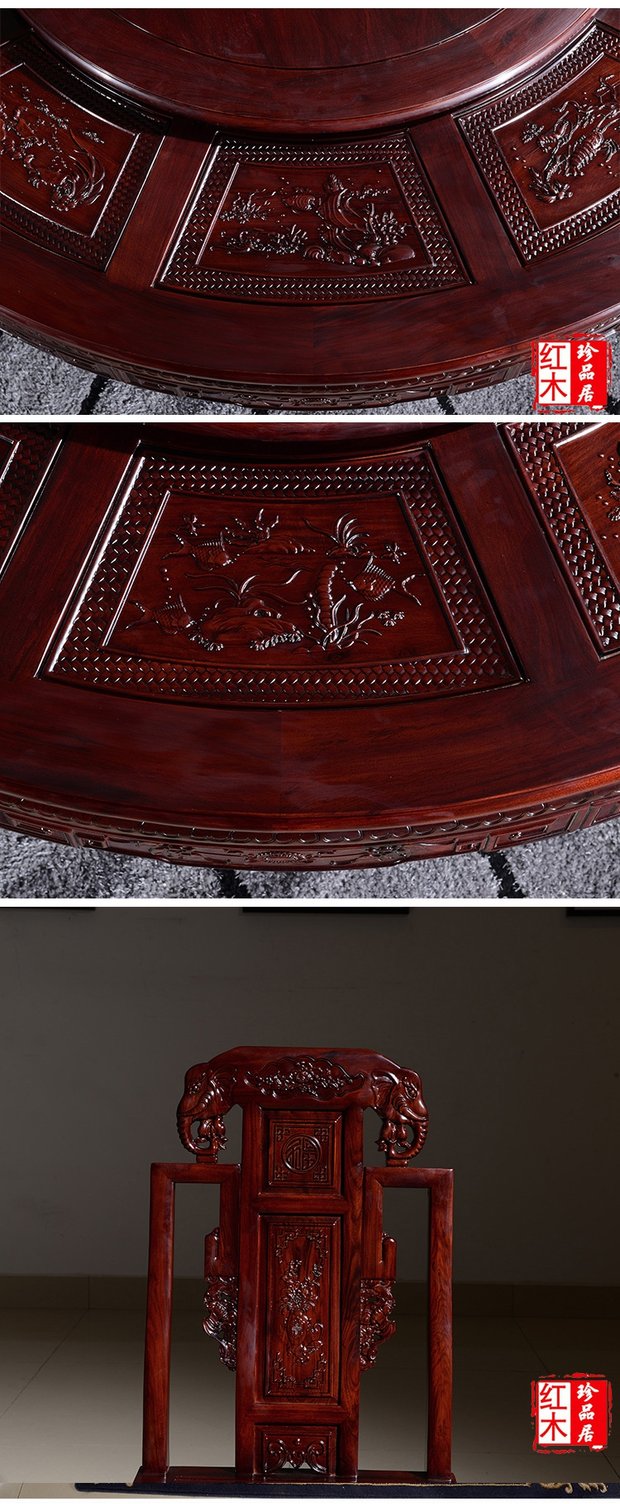 Dongyang mahogany đồ nội thất gỗ hồng sắc châu Phi chạm khắc bàn ăn đầu voi và bàn tròn với bàn xoay kết hợp phòng khách - Bộ đồ nội thất bộ bàn ghế thông minh