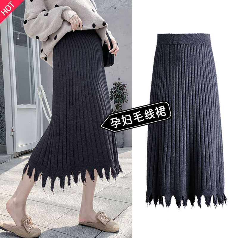 Pregnant women autumn and winter new Korean version of the large size elastic mid-length version of the belly knitted wool thickened net red A-word skirt