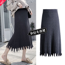 Pregnant women autumn and winter new Korean version of the large size elastic mid-length belly knitted wool thickened net red A-word skirt
