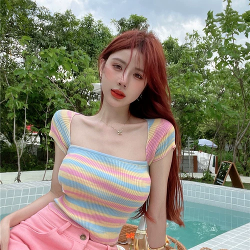 Летний радужный трикотажный сексуальный короткий свитер, высокая талия