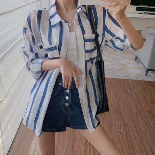 Синяя длинная сексуальная рубашка, 2021 года, средней длины, защита от солнца, свободный крой