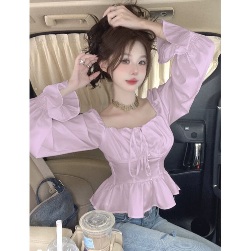 Осенняя рубашка, приталенный корсет, футболка, изысканный стиль, квадратный вырез, в западном стиле, рукава фонарики