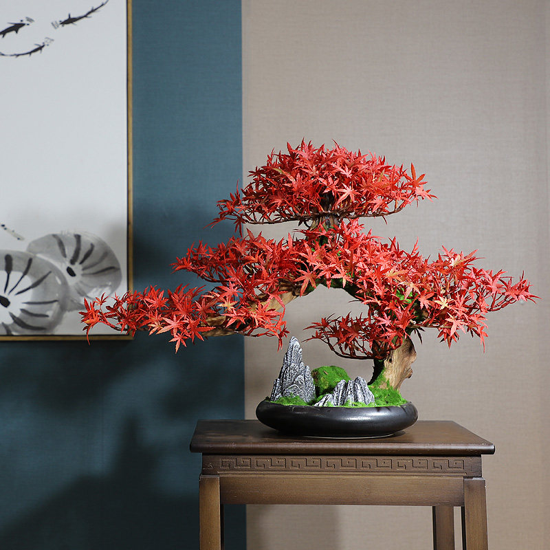 Simulation red maple bonsai new Chinese welcome pine green plant decoration office porch model room creative soft decoration