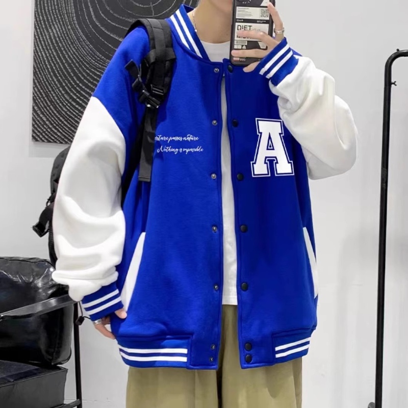 Klein Blue Baseball Jacket for Men, Trendy American High Street Style, Cool and Handsome Youth Jacket, Couple Casual Fleece-Lined Coat