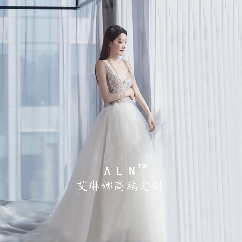 French suspender main wedding dress 2021 new bride simple luxury starry sky long tail thin super fairy small child